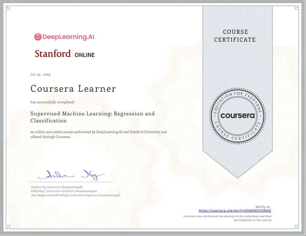 Certificate for course 1